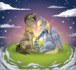 Size: 2999x2799 | Tagged: safe, artist:isketchi, derpy hooves, doctor whooves, time turner, pegasus, pony, g4, blushing, clothes, cloud, crepuscular rays, female, high res, looking at each other, male, mare, scarf, ship:doctorderpy, shipping, sitting, smiling, spread wings, stars, straight, sunset, twilight (astronomy)