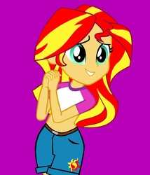 Size: 885x1032 | Tagged: safe, artist:darkvenom666, sunset shimmer, equestria girls, g4, clothes, cute, female, midriff, purple background, shimmerbetes, shorts, simple background, smiling, solo