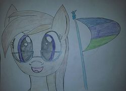 Size: 800x577 | Tagged: safe, artist:milo(german), oc, oc only, oc:dawnsong, earth pony, pony, derpibooru, colored, female, flag, glasses, looking at you, mare, meta, solo, traditional art
