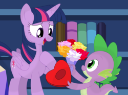 Size: 3527x2630 | Tagged: safe, artist:porygon2z, spike, twilight sparkle, alicorn, dragon, pony, g4, female, flower, hearts and hooves day, heartwarming, high res, male, ship:twispike, shipping, straight, twilight sparkle (alicorn), valentine's day