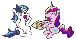 Size: 613x314 | Tagged: safe, artist:jargon scott, princess cadance, shining armor, alicorn, pony, unicorn, g4, cadance's pizza delivery, cute, cutedance, eyes closed, female, food, hearts and hooves day, male, open mouth, peetzer, pizza, shining adorable, ship:shiningcadance, shipping, simple background, sitting, straight, true love, valentine's day, white background