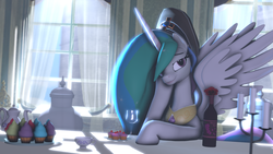 Size: 1920x1080 | Tagged: safe, anonymous artist, princess celestia, alicorn, pony, g4, 3d, alcohol, candle, cup, cupcake, female, flower, food, hat, indoors, looking at you, rose, solo, source filmmaker, tea, teacup, teapot, window, wine