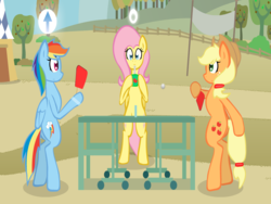 Size: 800x600 | Tagged: safe, artist:penguinpotential, applejack, fluttershy, rainbow dash, earth pony, pegasus, pony, g4, applejack's hat, ball, bipedal, cowboy hat, female, flash game, flutterjuice, game, hat, juice, juice box, mare, paddle, sports, table tennis, tennis, tennis ball, wings, wrong aspect ratio
