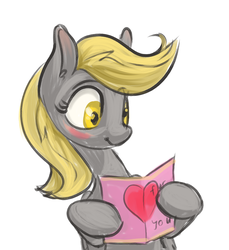 Size: 1127x1231 | Tagged: safe, artist:kovoranu, derpy hooves, pegasus, pony, g4, blushing, female, simple background, smiling, solo, valentine's day card, white background
