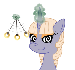 Size: 1692x1583 | Tagged: safe, artist:lunahazacookie, artist:mightyshockwave, oc, oc only, oc:spira trance, pony, unicorn, bust, glowing horn, horn, hypno eyes, hypnosis, magic, mascot, pendulum, pendulum swing, simple background, solo, swirly eyes, telekinesis, white background