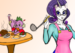 Size: 842x595 | Tagged: safe, artist:cabrony, artist:franschesco, rarity, spike, dragon, anthro, g4, apron, clothes, eating, food, glasses, pixiv