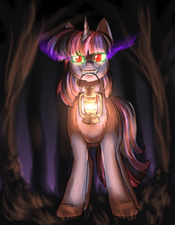 Size: 808x1038 | Tagged: safe, artist:not-ordinary-pony, twilight sparkle, pony, g4, corrupted twilight sparkle, dark magic, female, forest, grin, lantern, looking at you, magic, mouth hold, night, red eyes, smiling, solo, sombra eyes