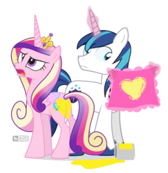 Size: 980x1008 | Tagged: safe, artist:dm29, princess cadance, shining armor, alicorn, pony, unicorn, g4, annoyed, butt, duo, female, handkerchief, heart, hearts and hooves day, lovebutt, male, mare, open mouth, paint, pillow, plot, simple background, stallion, transparent background, wet paint