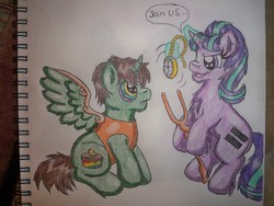Size: 3648x2736 | Tagged: safe, artist:shelby100, starlight glimmer, oc, oc:frost d. tart, alicorn, pony, g4, alicorn oc, chest fluff, equal cutie mark, equality, evil starlight, high res, hypnosis, hypnotized, magic, pendulum swing, pocket watch, s5 starlight, speech bubble, staff, staff of sameness, swirly eyes, this will end in communism, traditional art