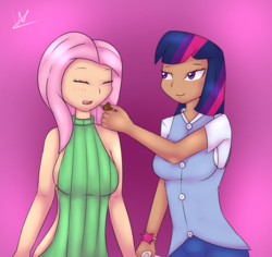 Size: 2479x2338 | Tagged: safe, artist:wolfy-pony, fluttershy, twilight sparkle, human, g4, backless, breasts, busty fluttershy, chocolate, clothes, cute, feeding, female, food, high res, humanized, lesbian, open mouth, open-back sweater, pants, ship:twishy, shipping, sideboob, sleeveless sweater, sweater, sweatershy, virgin killer sweater