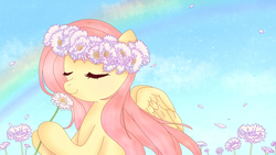 Size: 1920x1080 | Tagged: safe, artist:acgraxt, fluttershy, pony, g4, bust, eyes closed, female, floral head wreath, flower, flower field, hoof hold, smelling, solo, spread wings, windswept mane