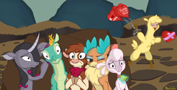 Size: 1400x714 | Tagged: safe, artist:perinia, arizona (tfh), oleander (tfh), paprika (tfh), pom (tfh), tianhuo (tfh), velvet (tfh), alpaca, classical unicorn, cow, deer, lamb, longma, pony, reindeer, sheep, unicorn, them's fightin' herds, :<, balloon, cloven hooves, community related, eyes closed, fightin' six, frown, heart, heart balloon, hiding, horn, ice, leonine tail, magic, one eye closed, open mouth, open smile, rock, scared, smiling, text, that alpaca sure does love kisses, unshorn fetlocks, valentine, valentine's day