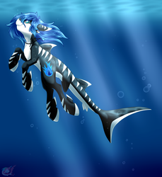 Size: 1500x1641 | Tagged: safe, artist:pinktabico, oc, oc only, oc:midnight light, merpony, original species, shark, shark pony, bubble, crepuscular rays, digital art, dorsal fin, female, fin, fins, fish tail, flowing mane, flowing tail, gills, jewelry, necklace, ocean, smiling, solo, species swap, sunlight, swimming, tail, underwater