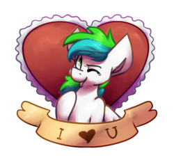 Size: 1024x942 | Tagged: safe, artist:crownedspade, oc, oc only, oc:sorian, earth pony, pony, banner, female, heart, mare, one eye closed, solo, wink