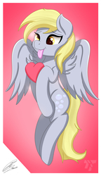 Size: 2222x3850 | Tagged: safe, artist:nexcoyotlgt, derpy hooves, pegasus, pony, g4, cute, derpabetes, female, heart, heart eyes, high res, mare, signature, simple background, solo, tongue out, valentine's day, wingding eyes