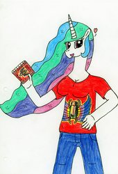 Size: 2154x3162 | Tagged: safe, artist:supahdonarudo, princess celestia, anthro, g4, album, breasts, cleavage, clothes, female, heart, high res, holding, jeans, journey (band), pants, shirt, solo, t-shirt, traditional art