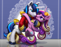 Size: 1914x1490 | Tagged: safe, artist:harwick, princess cadance, shining armor, alicorn, pony, unicorn, g4, bipedal, clothes, concave belly, dancing, duo, female, grin, male, mare, slender, smiling, stallion, thin