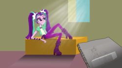 Size: 5312x2988 | Tagged: safe, artist:jongoji245, aria blaze, equestria girls, g4, boots, clothes, crepuscular rays, draw me like one of your french girls, drawing, female, high heel boots, high res, monochrome, pants, sketchpad, solo