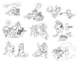 Size: 3000x2400 | Tagged: safe, artist:spectralunicorn, princess celestia, rarity, spike, twilight sparkle, twilight velvet, alicorn, classical unicorn, dragon, pony, unicorn, g4, armpits, black and white, blushing, bouquet, clothes, cloven hooves, comic, dress, ear piercing, earring, electric razor, eyes closed, facial hair, female, grayscale, heart, heart eyes, hearts and hooves day, high res, horn, jewelry, leg fluff, lesbian, levitation, magic, makeup, male, mare, monochrome, open mouth, piercing, raised hoof, shaving, ship:twilestia, shipping, shrunken pupils, simple background, sitting, speech bubble, spread wings, telekinesis, thought bubble, tongue out, twilight sparkle (alicorn), unshorn fetlocks, white background, wingding eyes, wings