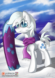 Size: 1476x2079 | Tagged: safe, artist:calena, double diamond, earth pony, pony, g4, clothes, cloud, male, mountain, patreon, patreon logo, profile, scarf, sky, snowboard, solo, stallion