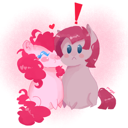 Size: 1024x1024 | Tagged: safe, artist:megaimpact, pinkie pie, g4, bubble berry, bubblini davinci berry, exclamation point, female, heart, male, pinkamena diane pie, rule 63, self ponidox, selfcest, ship:bubblepie, shipping, straight