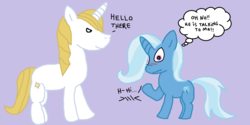 Size: 1508x756 | Tagged: safe, artist:dead-derpyson-hooves, prince blueblood, trixie, pony, unicorn, g4, blushing, dialogue, female, male, mare, ship:bluetrix, shipping, straight