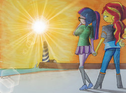 Size: 1024x752 | Tagged: safe, artist:missmayaleanne, sci-twi, sunset shimmer, twilight sparkle, equestria girls, g4, ass, butt, clothes, female, holding hands, legs, lesbian, lighthouse, ship:sci-twishimmer, ship:sunsetsparkle, shipping, skirt