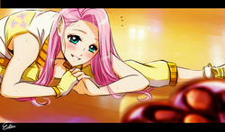 Size: 800x469 | Tagged: safe, artist:esther-shen, fluttershy, human, g4, blushing, clothes, female, humanized, looking at you, signature, smiling, solo, valentine's day