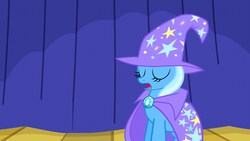 Size: 1280x720 | Tagged: safe, screencap, trixie, pony, boast busters, g4, cape, clothes, eyes closed, female, hat, mare, open mouth, solo, trixie's cape, trixie's hat