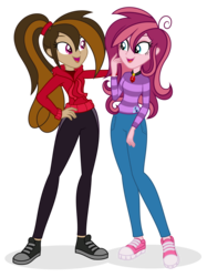 Size: 762x1017 | Tagged: safe, artist:shizow, oc, oc only, oc:contralto, oc:cupcake slash, equestria girls, g4, clothes, converse, disguised siren, equestria girls-ified, female, hoodie, jeans, lesbian, open mouth, pants, ponytail, shoes, simple background, sneakers, transparent background, vector