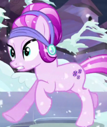Size: 450x533 | Tagged: safe, screencap, amethyst shard, crystal pony, pony, g4, the crystalling, background pony, cropped, female, mare, running, snow, solo