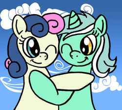 Size: 1284x1158 | Tagged: safe, artist:dragonblood6400, bon bon, lyra heartstrings, sweetie drops, earth pony, pony, unicorn, g4, female, hug, lesbian, one eye closed, ship:lyrabon, shipping, smiling, wink