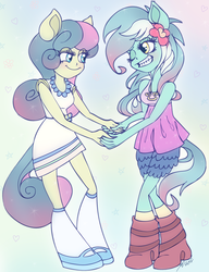 Size: 752x980 | Tagged: safe, artist:opallene, bon bon, lyra heartstrings, sweetie drops, equestria girls, g4, abstract background, clothes, dress, faic, female, flower, flower in hair, grin, holding hands, lesbian, looking at each other, one eye closed, ponied up, ship:lyrabon, shipping, smiling, wink