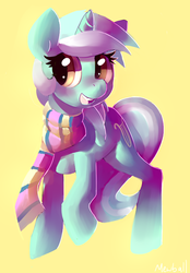 Size: 582x835 | Tagged: safe, artist:mewball, lyra heartstrings, pony, unicorn, g4, clothes, female, raised hoof, scarf, simple background, smiling, solo, yellow background