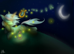 Size: 1600x1167 | Tagged: safe, artist:lycania29, lyra heartstrings, firefly (insect), pony, unicorn, g4, crescent moon, eyes closed, female, firefly lamp, lantern, lyre, magic, moon, music, music notes, musical instrument, night, playing, prone, solo, telekinesis, windswept mane