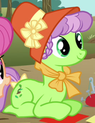 Size: 259x336 | Tagged: safe, screencap, auntie applesauce, earth pony, pony, apple family reunion, g4, apple family member, background pony, cropped, female, mare, prone, solo focus, young auntie applesauce, younger