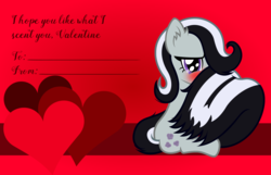 Size: 3156x2028 | Tagged: safe, artist:badumsquish, derpibooru exclusive, marble pie, original species, skunk, skunk pony, g4, blushing, cute, female, heart, hiding behind tail, high res, looking at you, pun, shy, skunkified, smiling, solo, species swap, tail wrap, valentine, valentine's day, valentine's day card