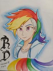 Size: 965x1296 | Tagged: safe, artist:emichaca, rainbow dash, equestria girls, g4, blackletter, clothes, female, hoodie, human coloration, solo, traditional art