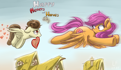 Size: 1200x697 | Tagged: safe, artist:redheadfly, pound cake, scootaloo, pegasus, pony, g4, duo, female, flying, heart, heart eyes, improvement, looking at each other, looking back, male, older, ponyville, remake, scootaloo can fly, scootapound, shipping, straight, the cmc's cutie marks, valentine's day, wingding eyes