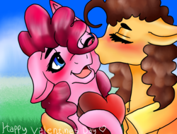 Size: 2048x1556 | Tagged: safe, artist:brainiac, cheese sandwich, pinkie pie, earth pony, pony, g4, blushing, cheek kiss, cute, duo, eyes closed, female, floppy ears, heart, kissing, male, mare, one eye closed, open mouth, ship:cheesepie, shipping, stallion, straight, text