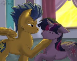 Size: 4500x3606 | Tagged: safe, artist:kigupony, flash sentry, twilight sparkle, alicorn, pony, g4, absurd resolution, bedroom eyes, female, imminent kissing, male, ship:flashlight, shipping, smiling, straight, twilight sparkle (alicorn)