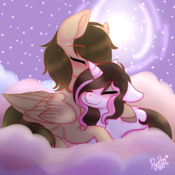 Size: 2000x2000 | Tagged: safe, artist:red_moonwolf, oc, oc only, oc:eclipsed moonwolf, oc:orange lightning, pegasus, pony, unicorn, cloud, duo, eyes closed, female, floppy ears, high res, lesbian, lying down, lying on a cloud, on a cloud, snuggling