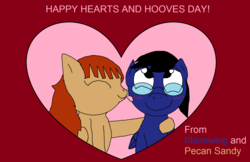 Size: 1690x1092 | Tagged: safe, artist:blazewing, oc, oc only, oc:blazewing, oc:pecan sandy, pegasus, pony, blushing, couple, cute, eyes closed, female, glasses, heart, hearts and hooves day, hug, licking, love, male, smiling, straight, text, tongue out, valentine's day