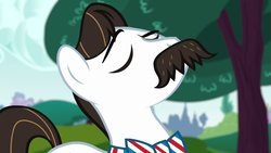 Size: 1280x720 | Tagged: safe, screencap, barber groomsby, earth pony, pony, g4, on your marks, bowtie, eyes closed, facial hair, male, moustache, raised eyebrow, solo, stallion