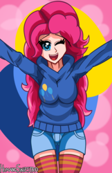 Size: 3229x4969 | Tagged: safe, artist:humanosiniestro, pinkie pie, human, g4, absurd resolution, breasts, clothes, female, hoodie, humanized, one eye closed, socks, solo, striped socks, thigh highs, wink