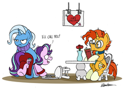 Size: 2678x1915 | Tagged: safe, artist:bobthedalek, starlight glimmer, sunburst, trixie, pony, unicorn, semi-anthro, g4, bipedal, cafe, carrying, chair, clothes, dialogue, dress, female, flower, heart, holding a pony, inconvenient trixie, lidded eyes, male, necktie, open mouth, rose, ship:starburst, shipping, shipping denied, sign, simple background, sitting, straight, table, trio, trixie is not amused, unamused, underhoof, vase, white background