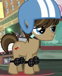 Size: 840x1017 | Tagged: safe, screencap, barley grind, pony, g4, the gift of the maud pie, helmet, knee pads, male, manehattan, skateboard, solo