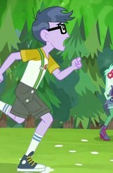 Size: 204x312 | Tagged: safe, screencap, lyra heartstrings, micro chips, equestria girls, g4, my little pony equestria girls: legend of everfree, clothes, converse, legs, male, open mouth, running, shoes, shorts, socks, solo focus, tree