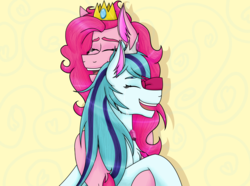 Size: 6528x4869 | Tagged: safe, artist:cornerverse, pinkie pie, sonata dusk, pony, g4, abstract background, absurd resolution, bow, crack shipping, crown, crying, female, hair bow, hug, jewelry, lesbian, marriage proposal, ponified, regalia, ship:pinata, shipping, smiling, tears of joy