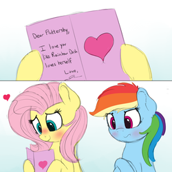 Size: 2000x2000 | Tagged: safe, artist:vanillaghosties, fluttershy, rainbow dash, pegasus, pony, g4, annoyed, blushing, card, cute, dashabetes, embarrassed, female, heart, high res, looking down, mare, shyabetes, simple background, smiling, valentine's day